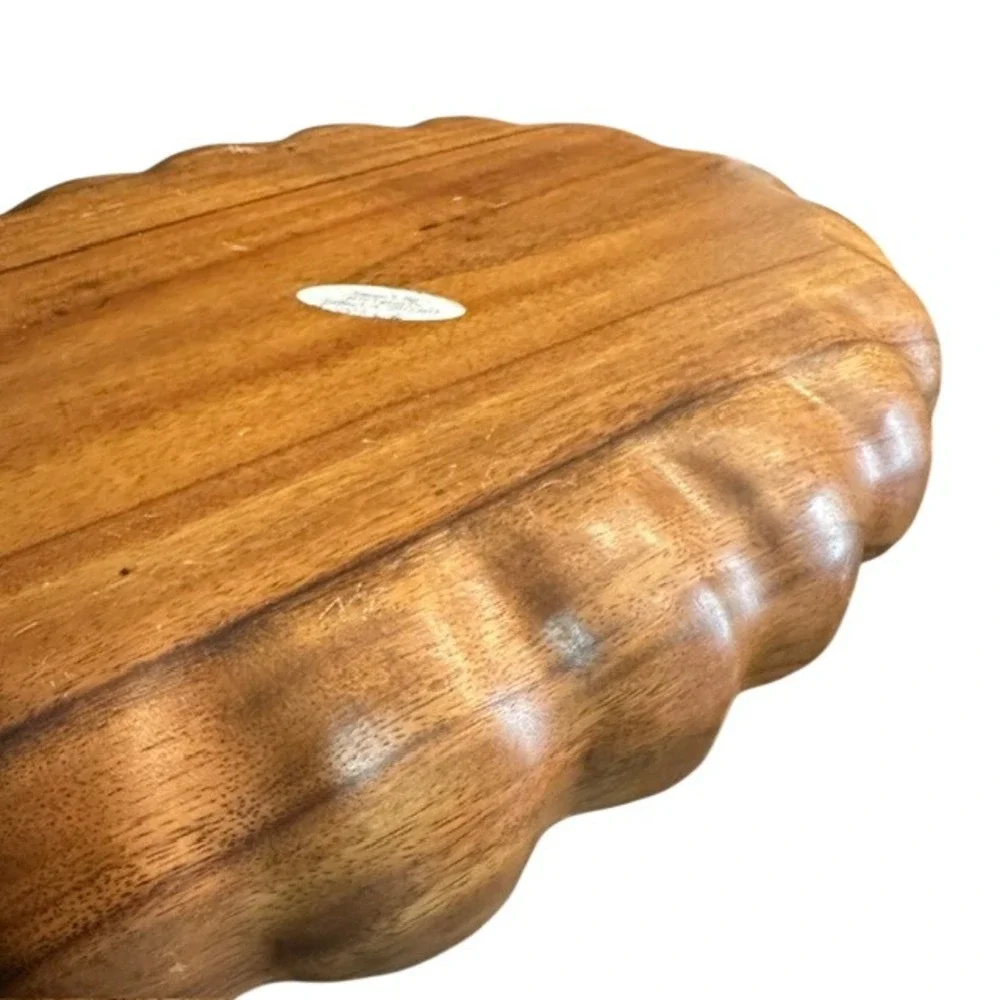 Vintage Monkey Pod Wood Serving Tray Scalloped 4 Compartment Platter Brown 18in